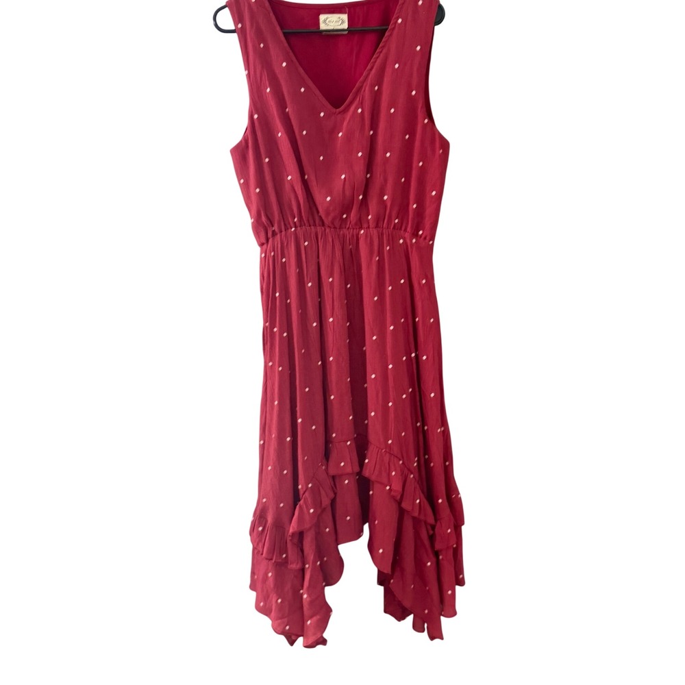 Mia Joy Large Red Polka Dot High-Low Ruffle Midi Dress Boho Kentucky Derby